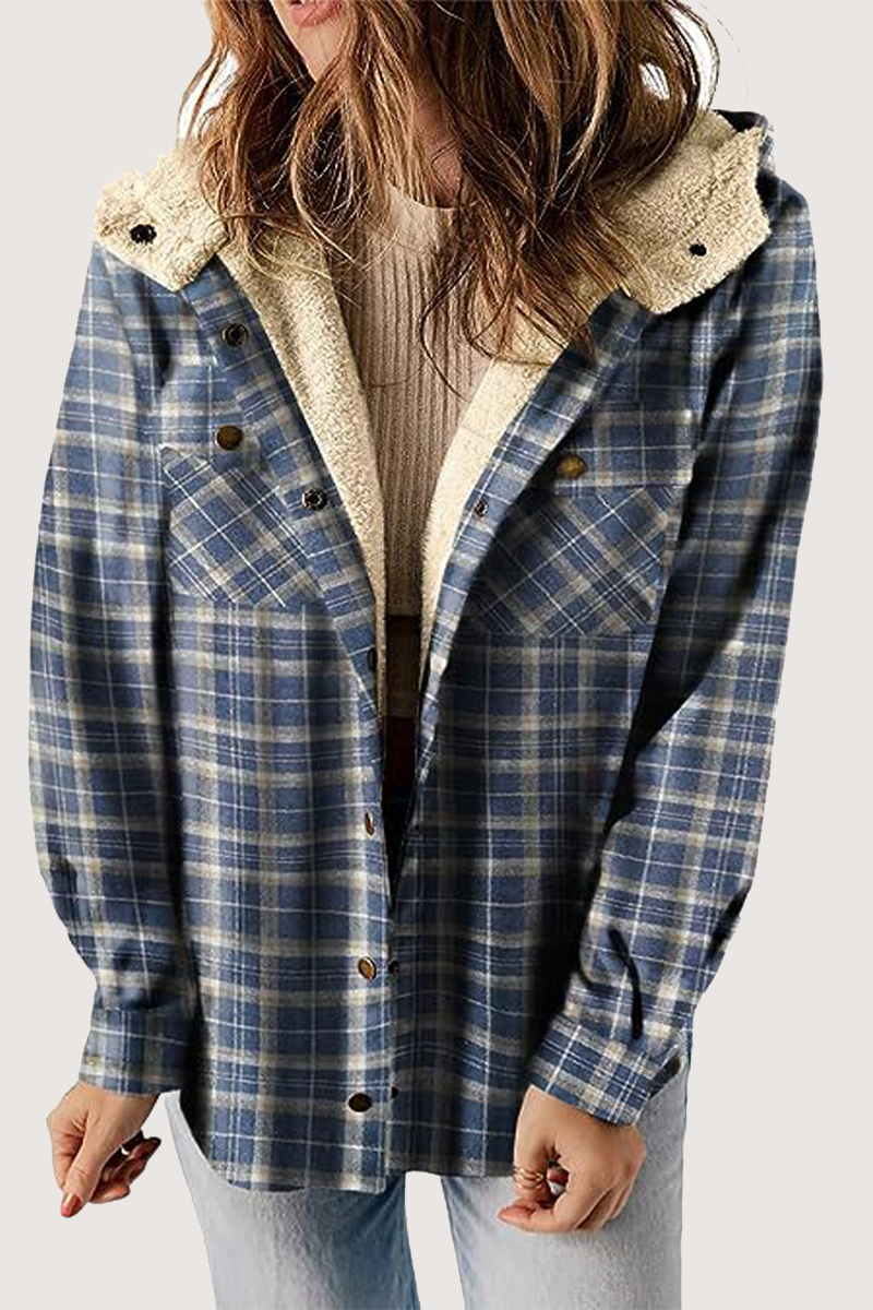 Katell | Casual fluffy contrast hooded outerwear with check pockets