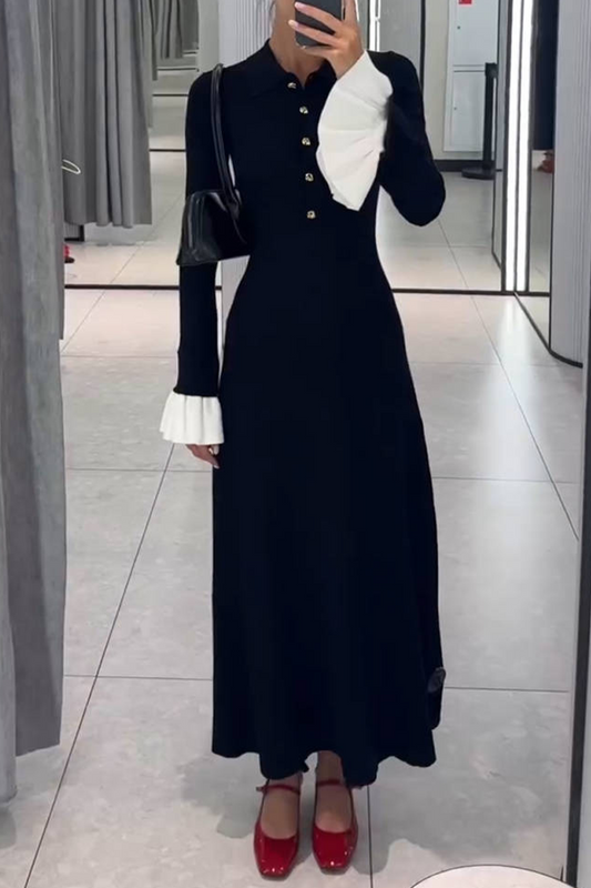 Klara | Elegant Ruffle Braid Contrast O-neck Waist Skirt Dresses