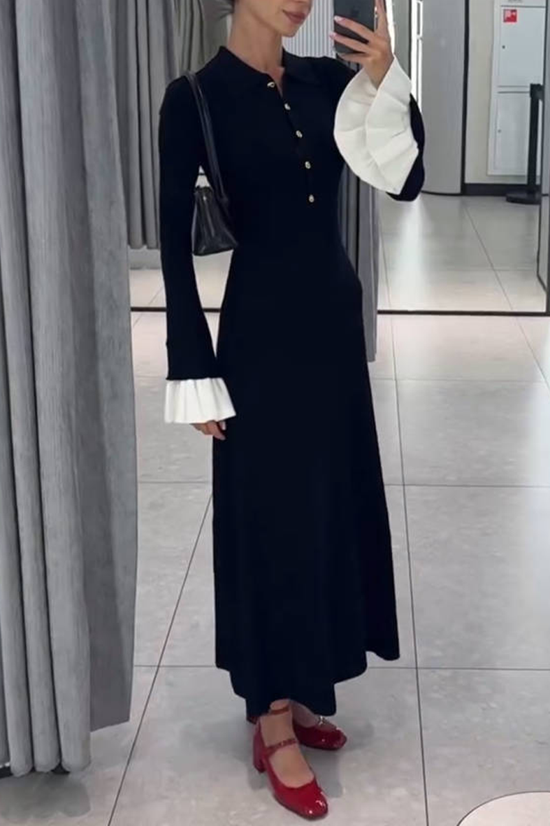 Klara | Elegant Ruffle Braid Contrast O-neck Waist Skirt Dresses