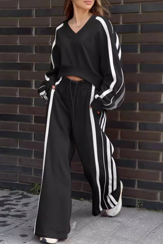 Laura | Casual striped patchwork two-piece suit with V-neck and long sleeves