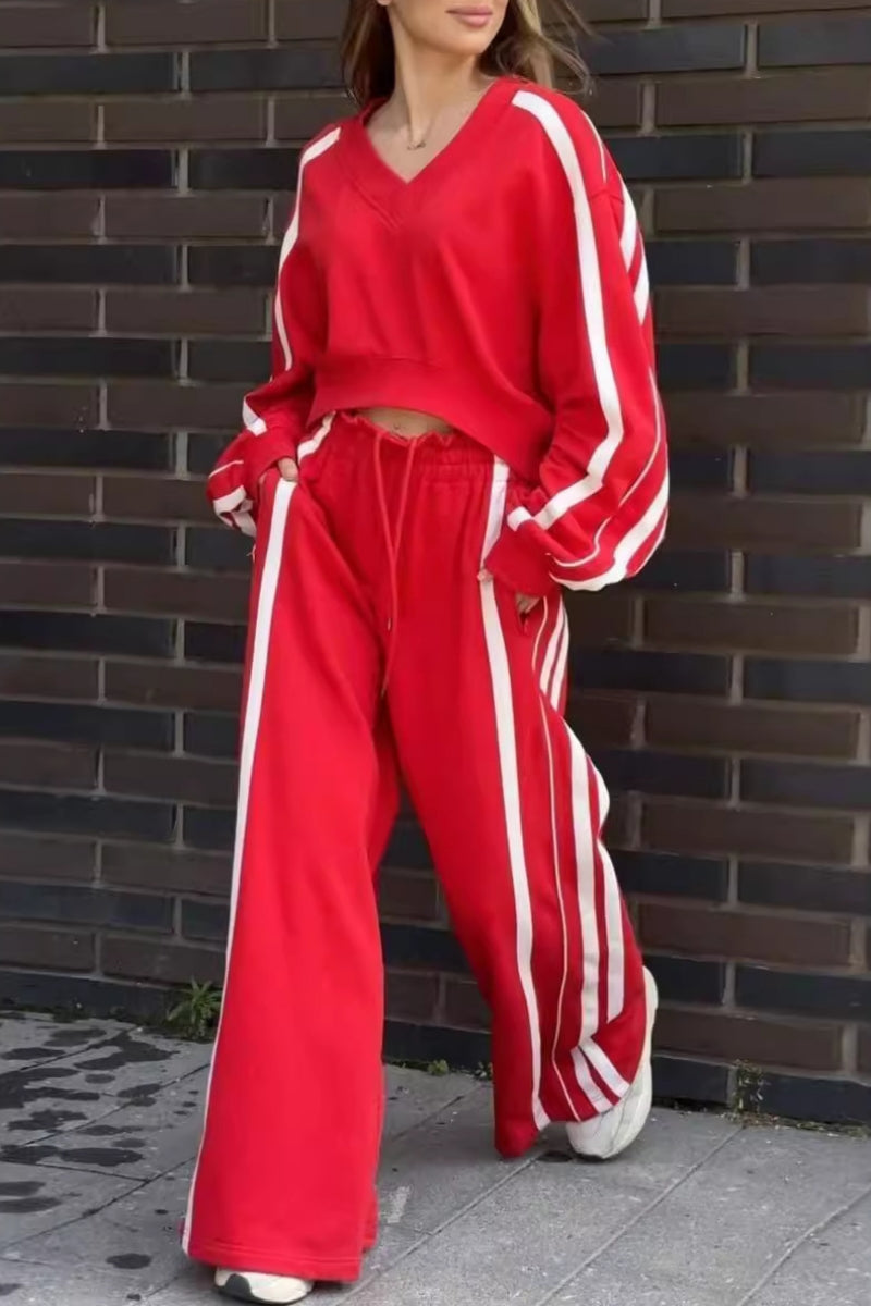 Laura | Casual striped patchwork two-piece suit with V-neck and long sleeves