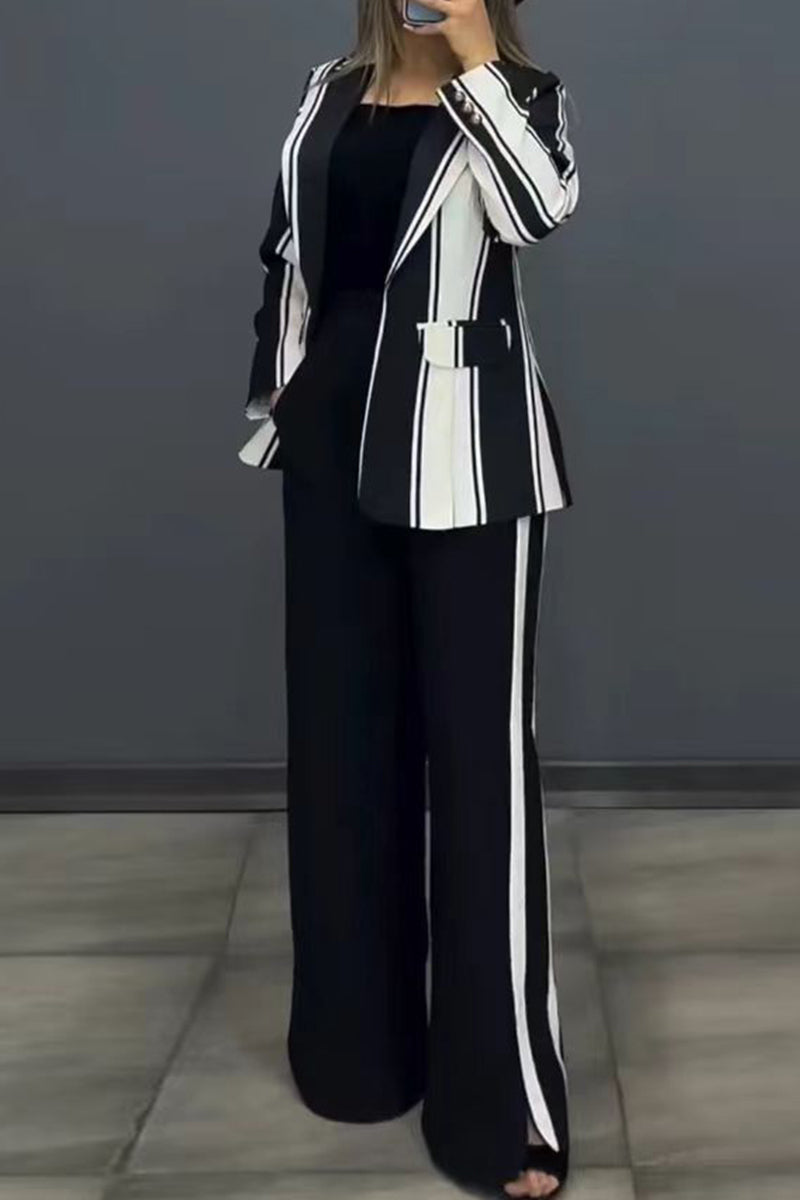 Lara | Casual trousers with stripes and slit, turn-down collar, long sleeves, two-piece