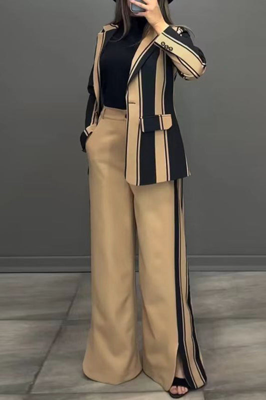 Lara | Casual trousers with stripes and slit, turn-down collar, long sleeves, two-piece