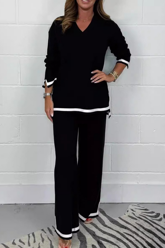 Laurina | Casual daily stripe patchwork slit contrast V-neck long sleeves two piece suit