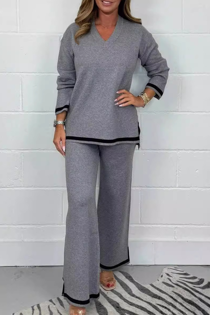 Laurina | Casual daily stripe patchwork slit contrast V-neck long sleeves two piece suit