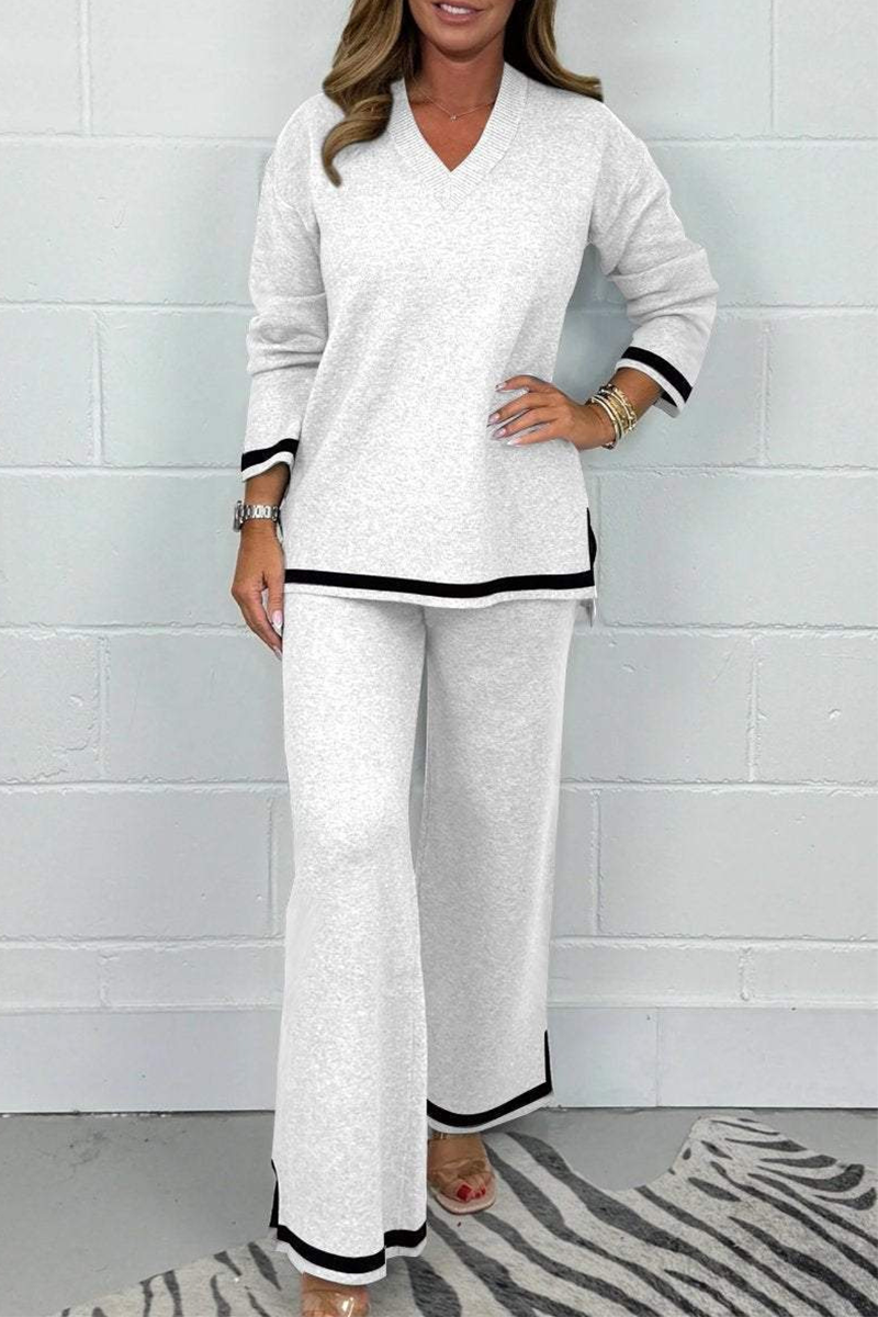 Laurina | Casual daily stripe patchwork slit contrast V-neck long sleeves two piece suit