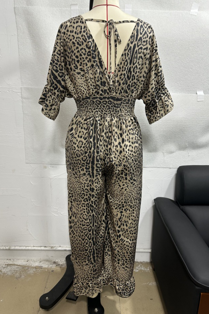 Lena | Casual loose jumpsuits with leopard contrast and V-neck