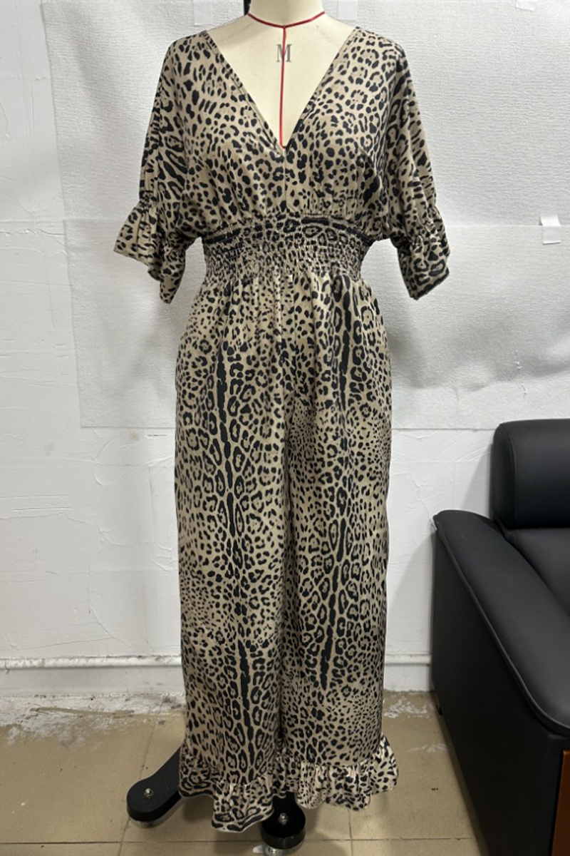 Lena | Casual loose jumpsuits with leopard contrast and V-neck