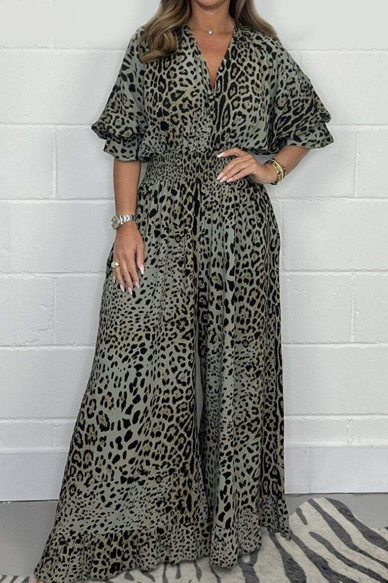 Lena | Casual loose jumpsuits with leopard contrast and V-neck