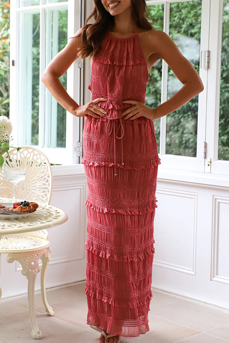 Eliana® | Elegant Backless Lace Halter Top And Maxi Skirt Set