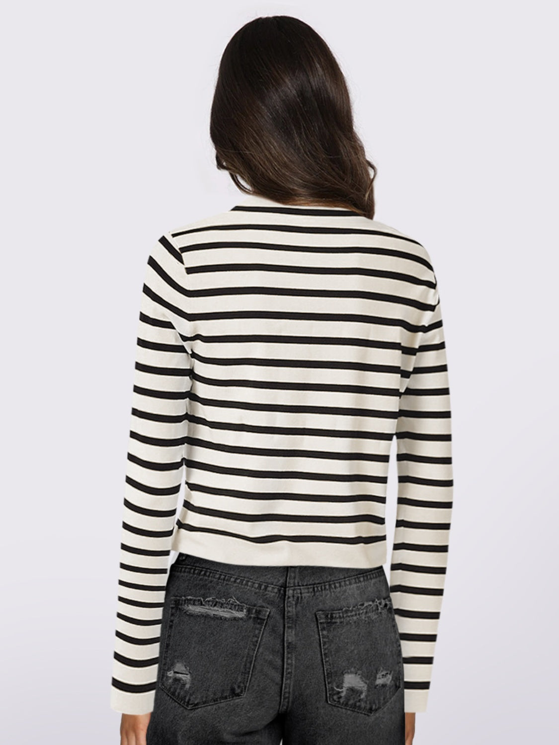 Gabriela | Striped, long-sleeved cardigan with button placket and crew neck