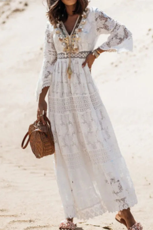 Lace V Neck Hollow Boho Dress