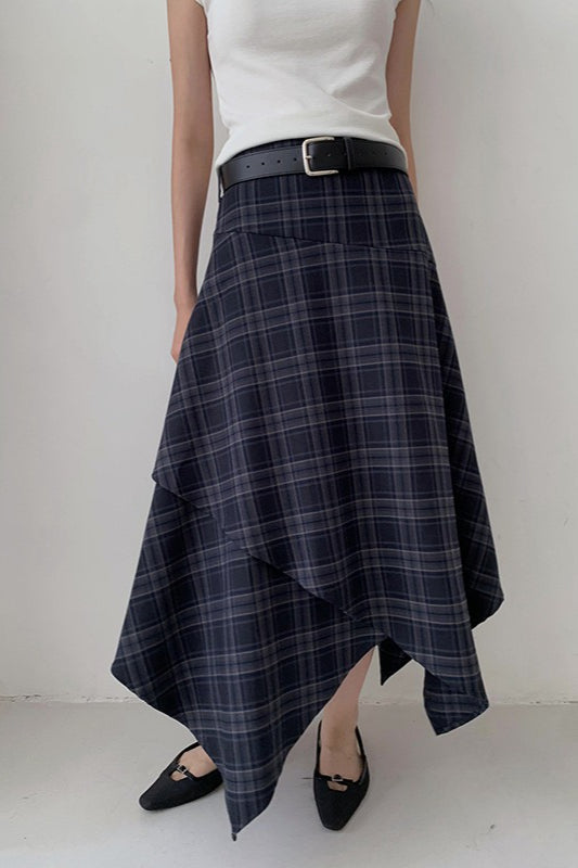 Asymmetric Plaid Midi Skirt
