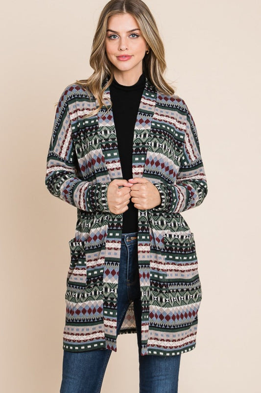 Lisette | Geometric open front long sleeve cardigan with pockets