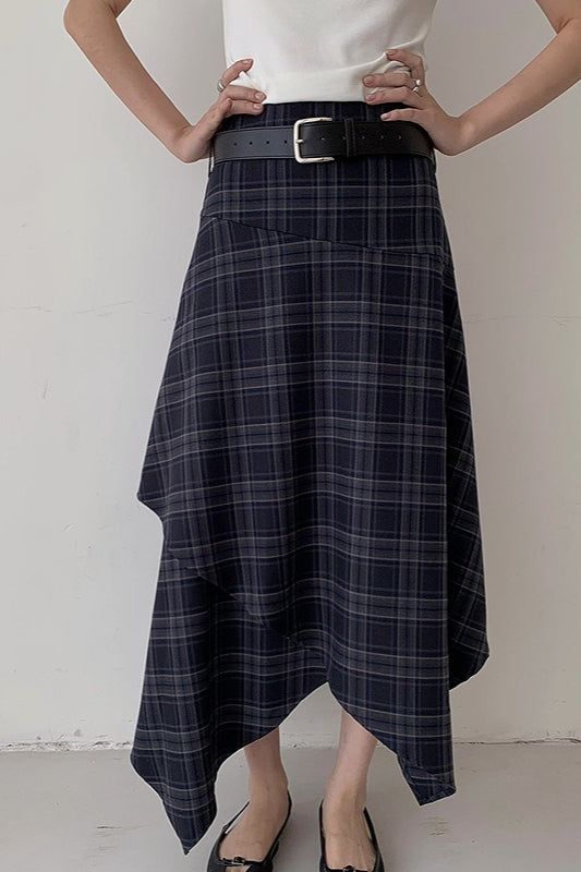 Asymmetric Plaid Midi Skirt