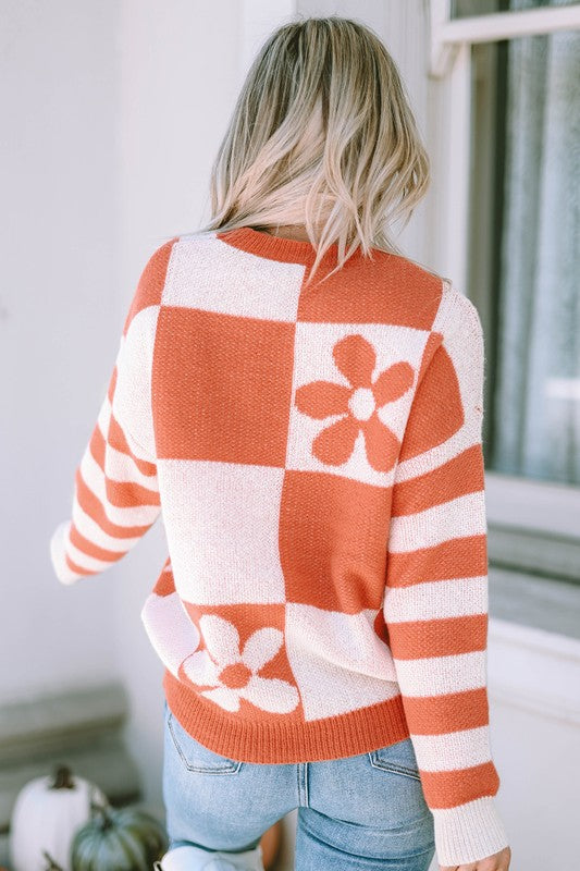 Luna | Floral checked sweater with striped sleeves