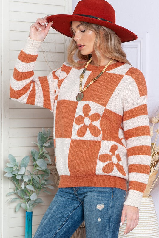 Luna | Floral checked sweater with striped sleeves