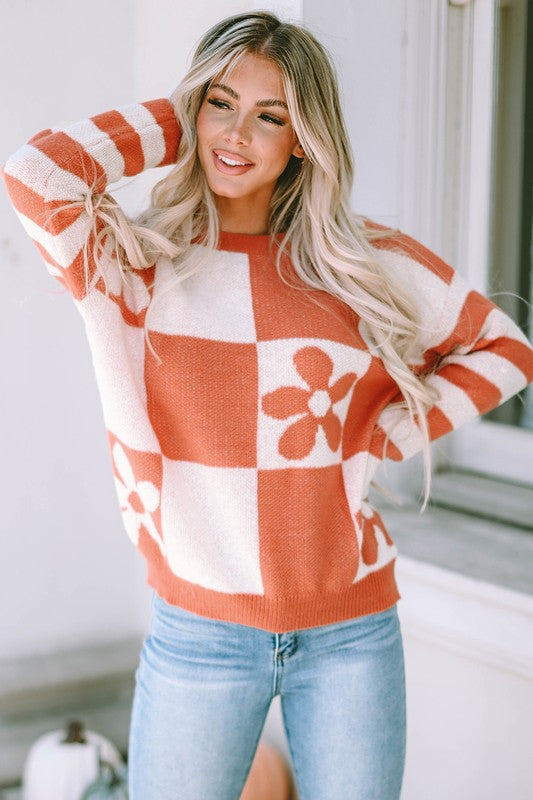 Luna | Floral checked sweater with striped sleeves