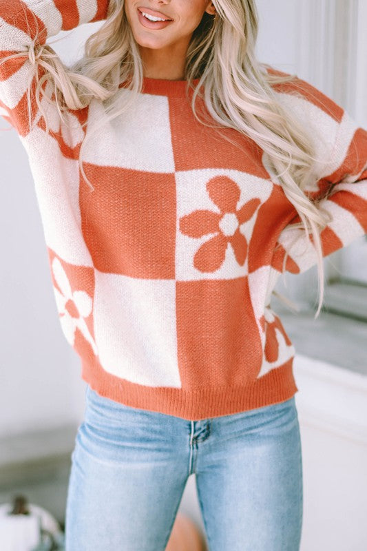 Luna | Floral checked sweater with striped sleeves