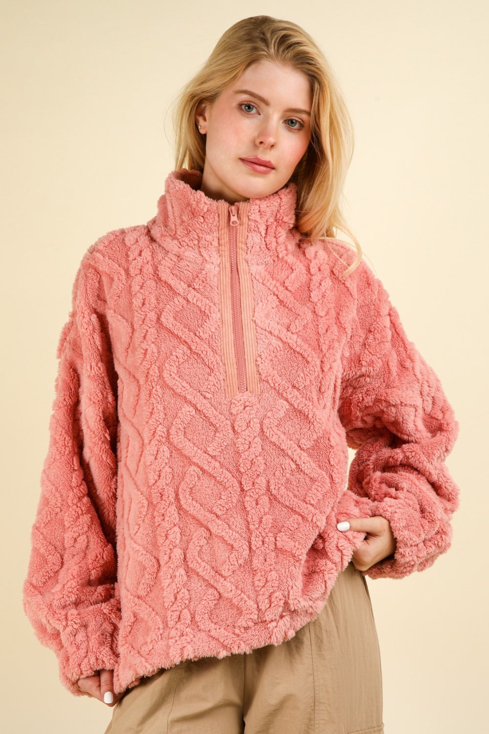 Eva | Fluffy cable knit fleece half zip sweatshirt