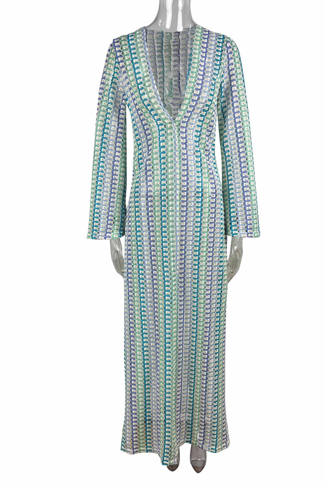 Pilar® | Boho V-Neck Bell Sleeve Maxi Dress, Wavy Striped Crochet Beach Holiday Maxi Dress