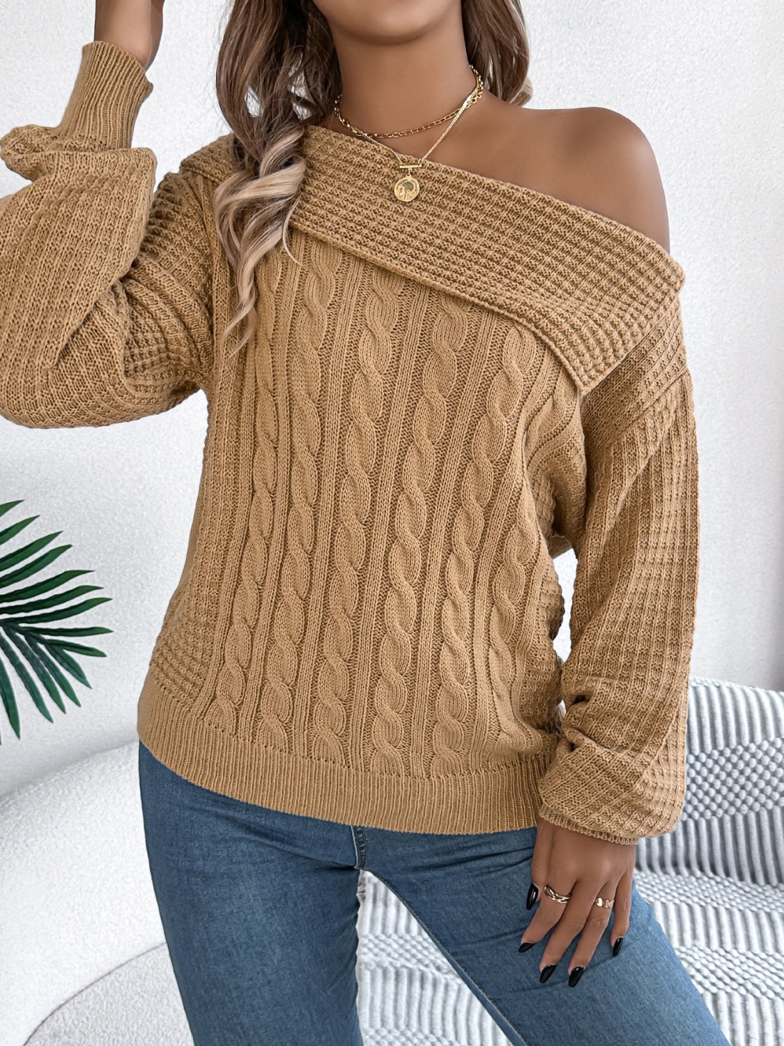 Olivia | Long sleeve cable knit sweater with one shoulder