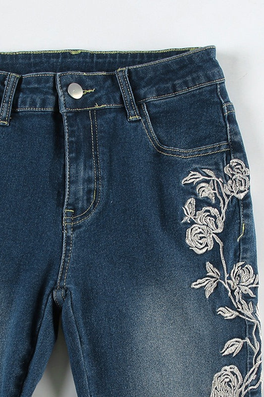 Vintage Gradient Rose Embroidery Bootcut Jeans