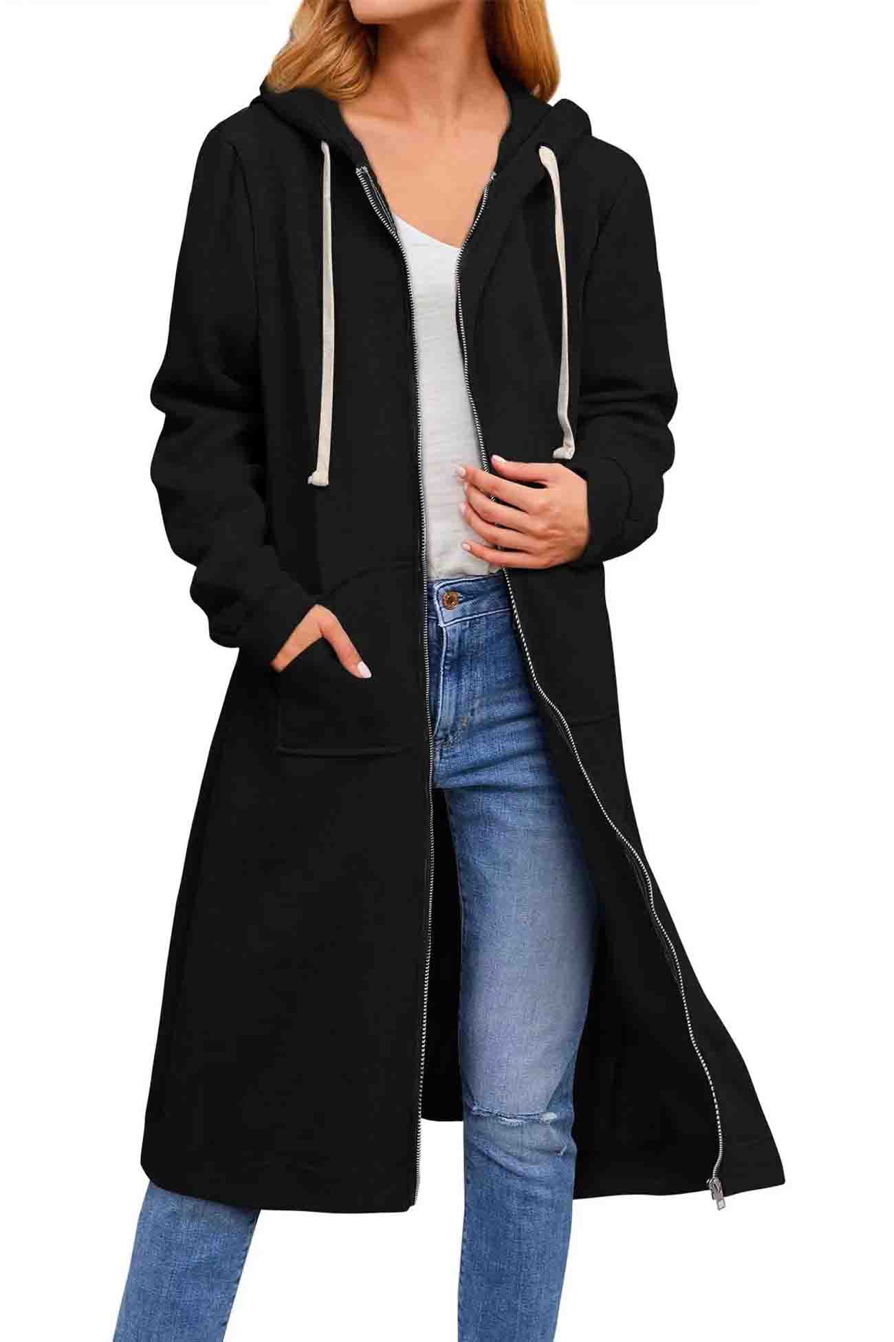 Jacqueline | Solid long cardigan with hood and drawstring and zip fastening