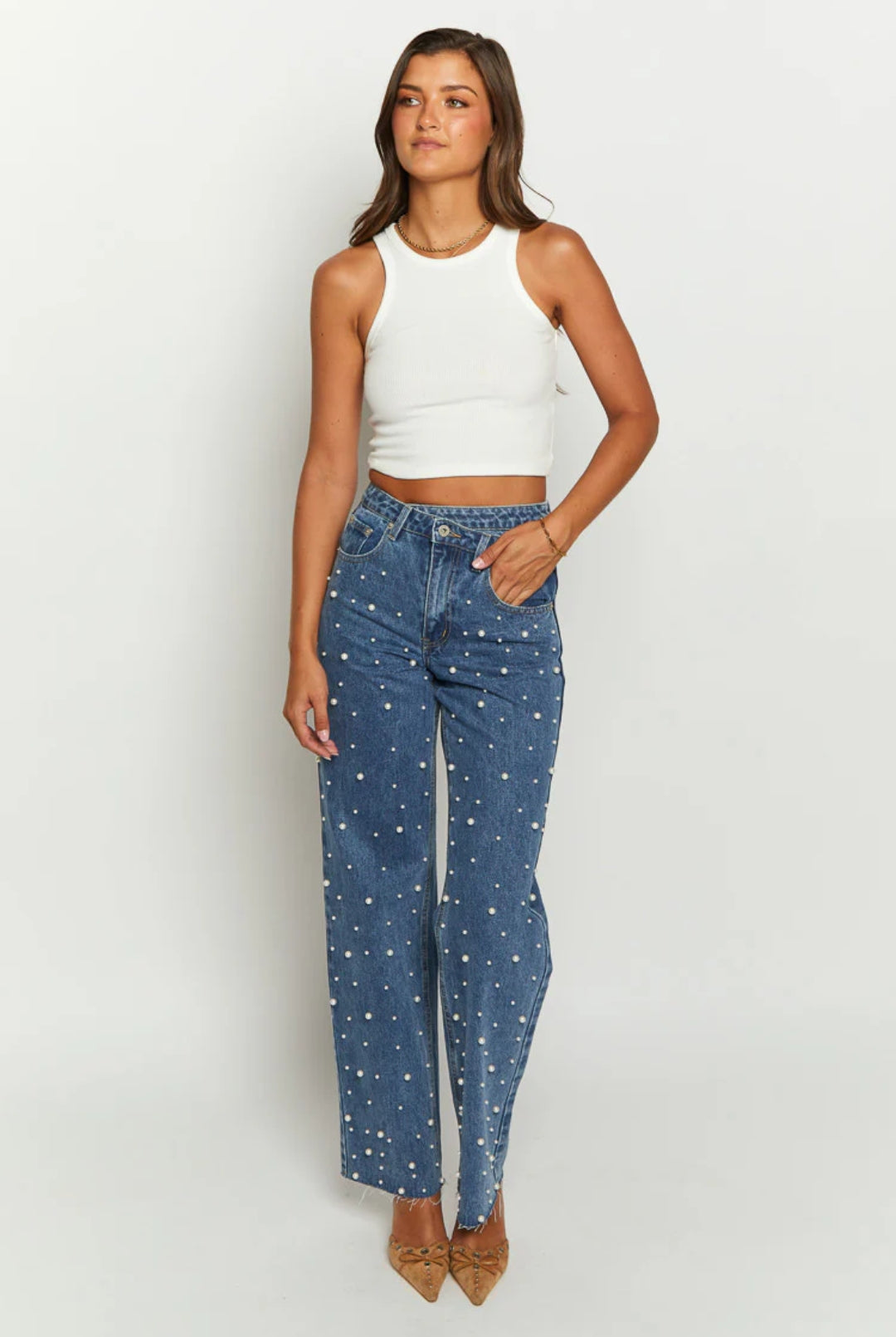 Beate® | Women'S High Waist Beaded Jeans Cargo