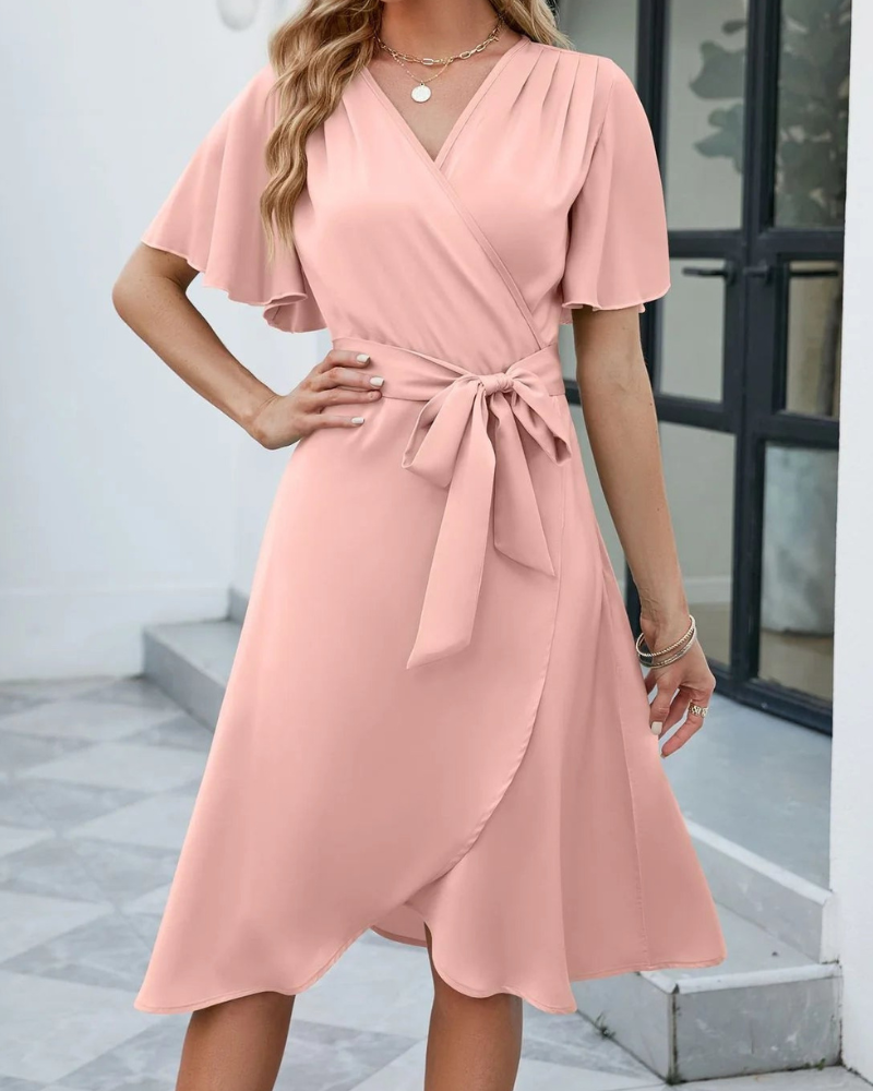 Felicity® | Elegant Short-Sleeved Flared Dress With A V-Neckline And A Self-Tie Belt