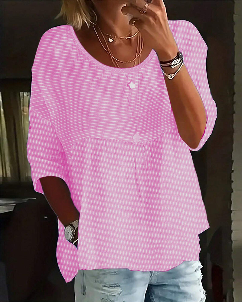 Nayla® | Casual Striped Loose Fit Button-Front Blouse For Women. Striped Blouse With Round Neck And Half-Length Sleeves.