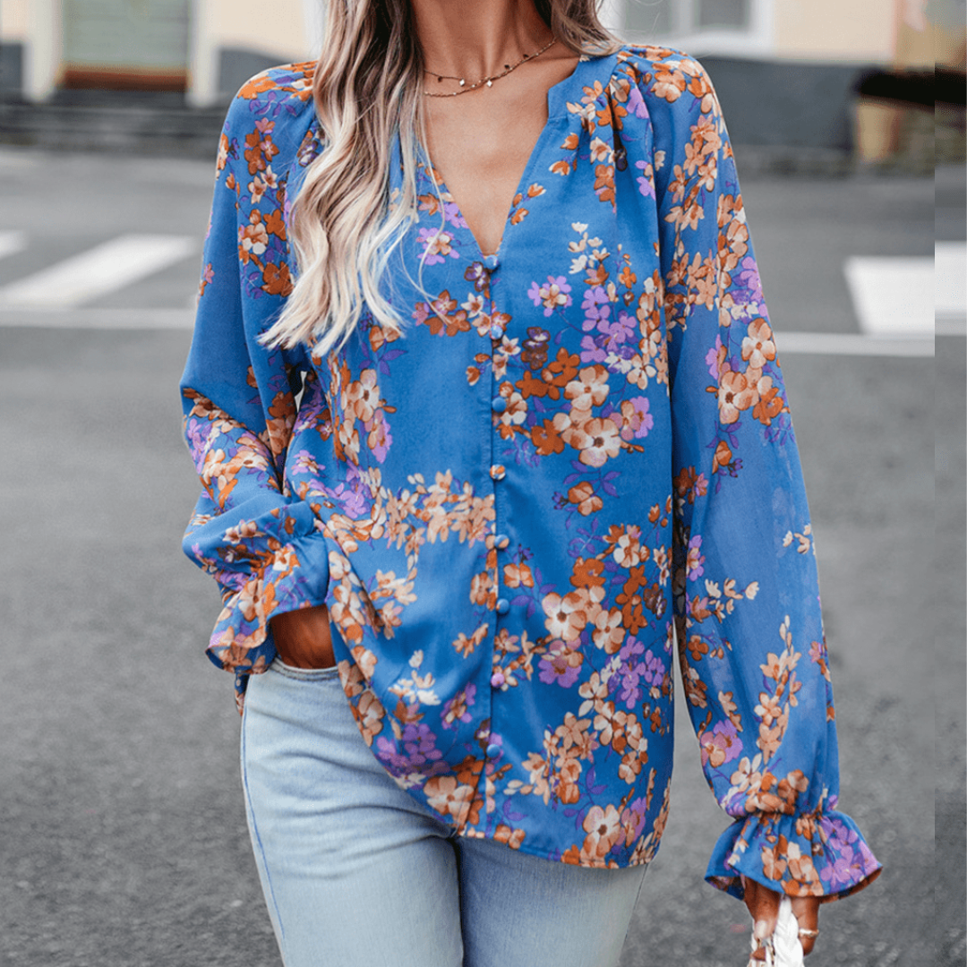Sophia® | Elegant Floral Long-Sleeved V-Neck Blouse