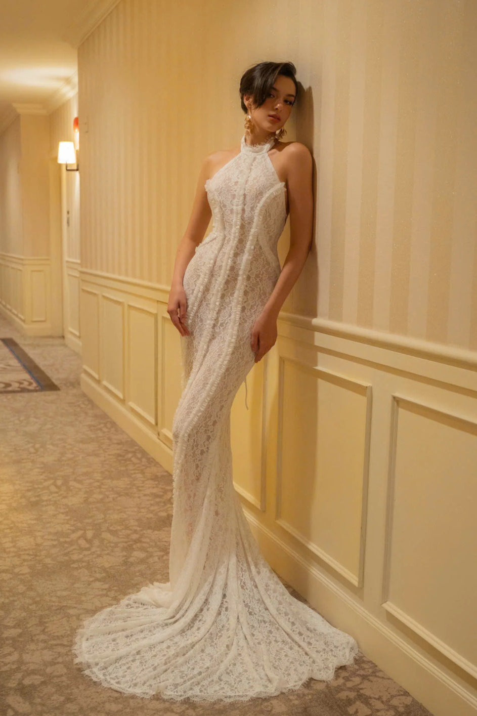 Vintage Lace Off Shoulder Mermaid Train Reception Dress