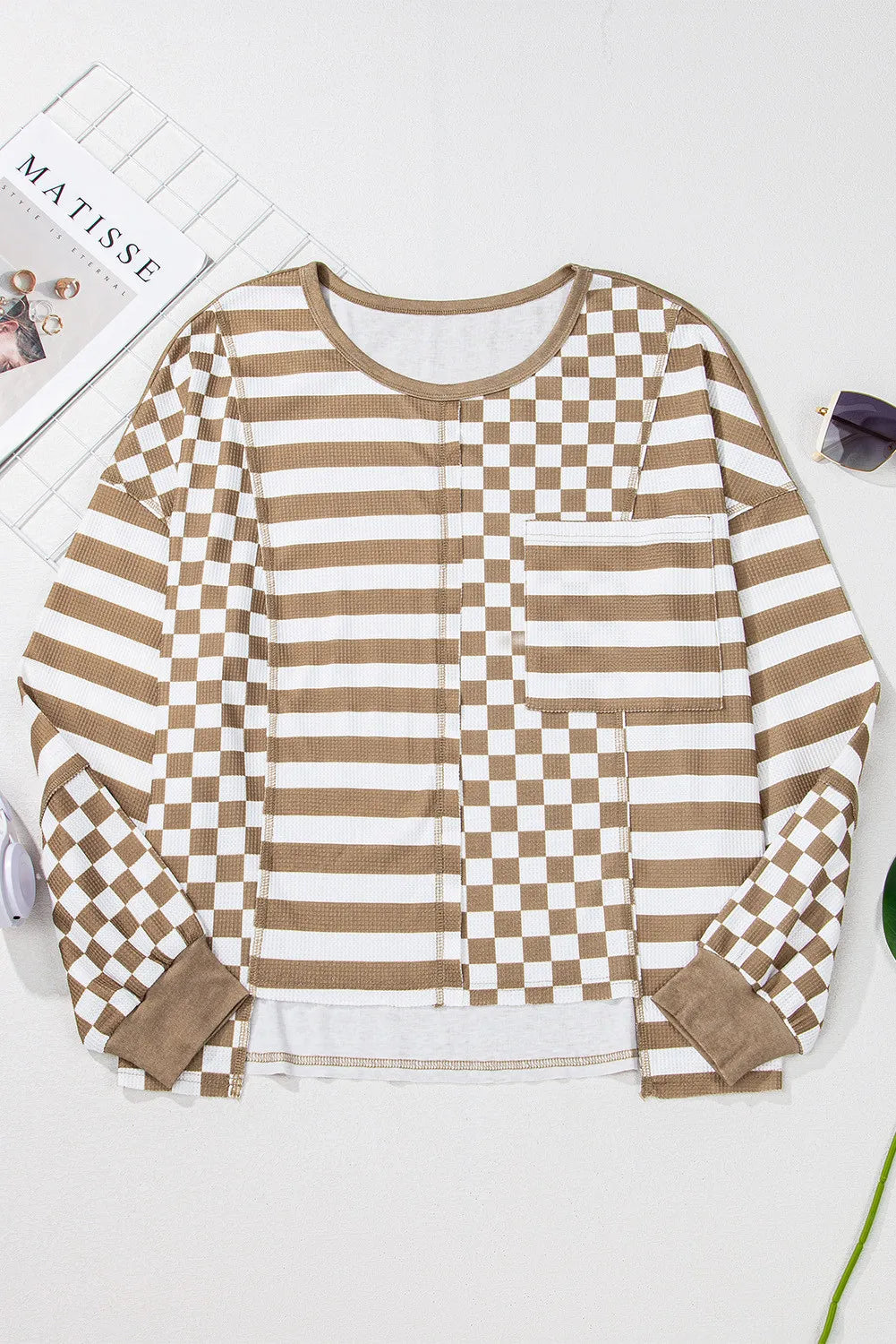 Hannah | Checked and striped long-sleeved blouse with a round neckline