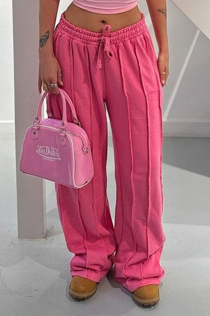 Solid 3D Line Loose Drawstring Pants