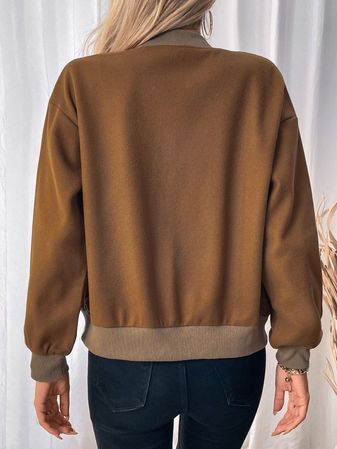 Araceli | Perfee Baseball Collar Snap Down Long Sleeve Jacket