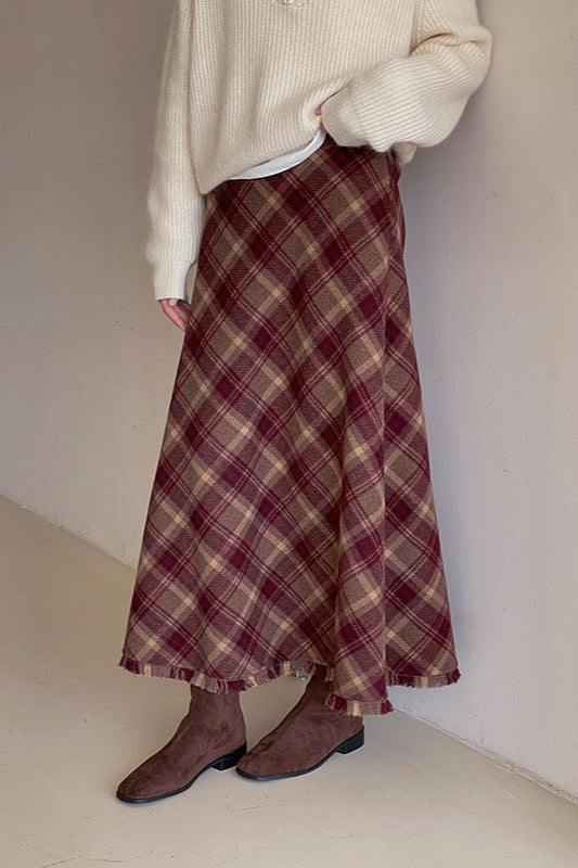 Red Plaid Wool Bodycon Skirt