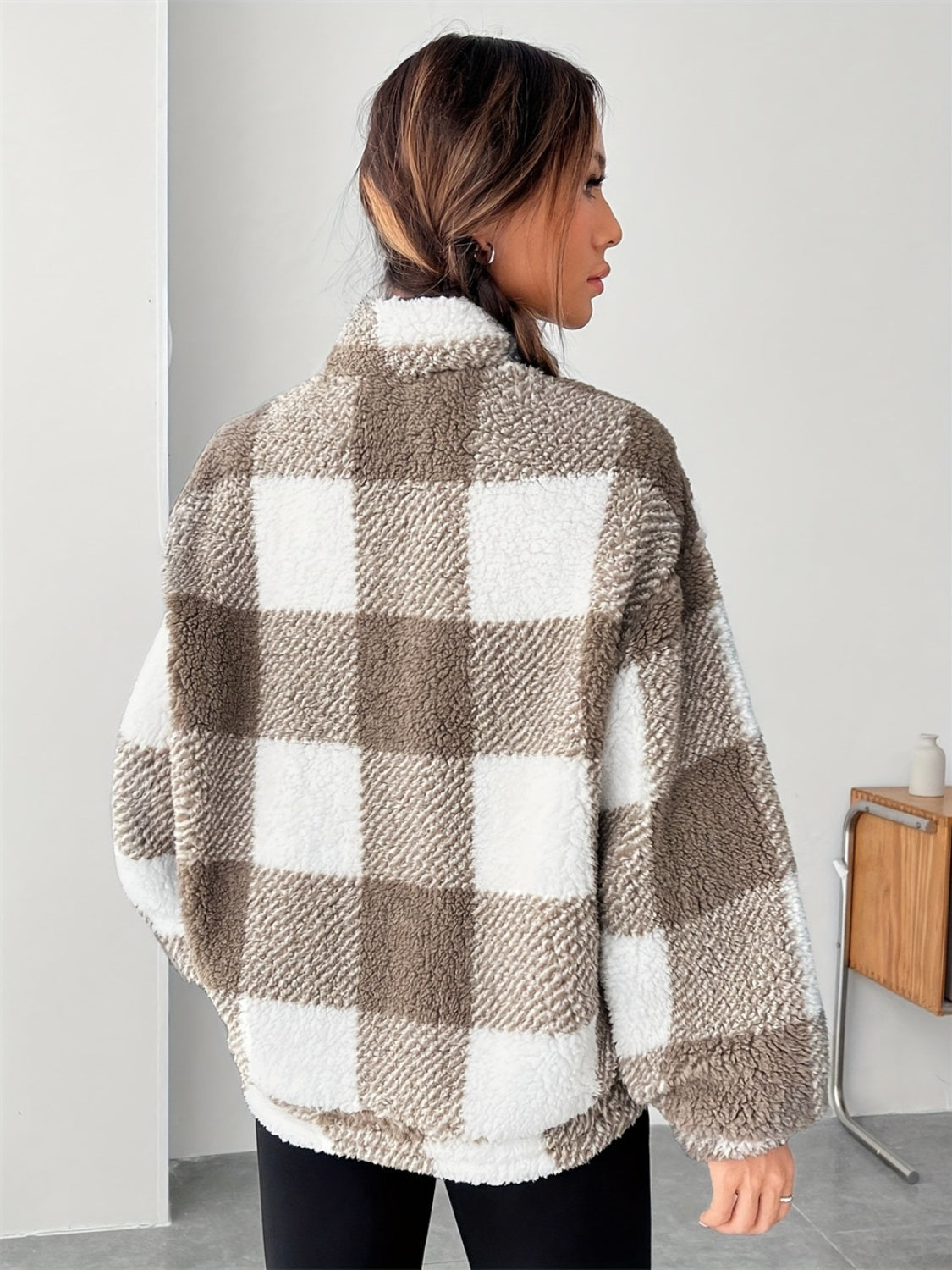 Brigitte | Checked half zip long sleeve teddy sweatshirt