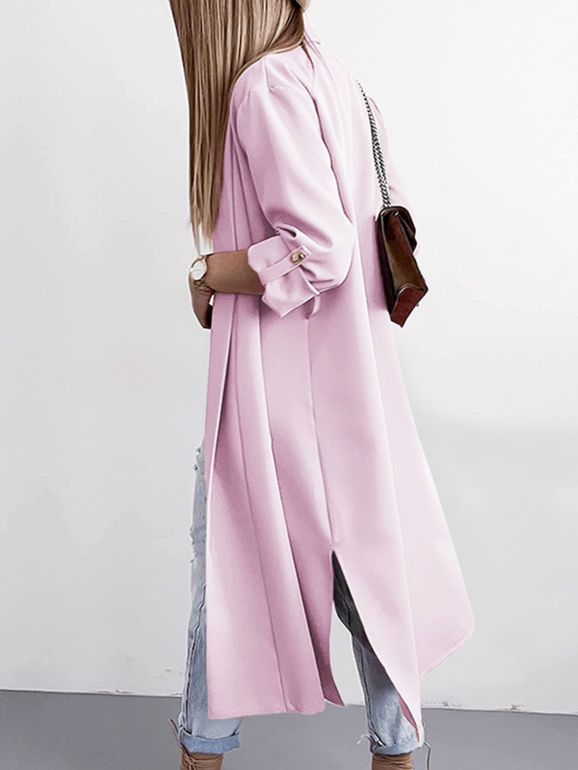 Marianna | Slit trench coat with roll tab sleeves open at the front