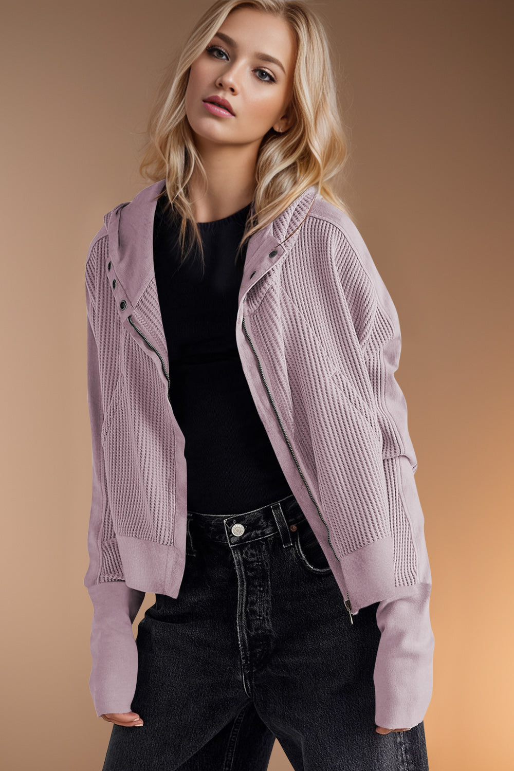 Elsa | Double Take waffle knit long sleeve zip hoodie