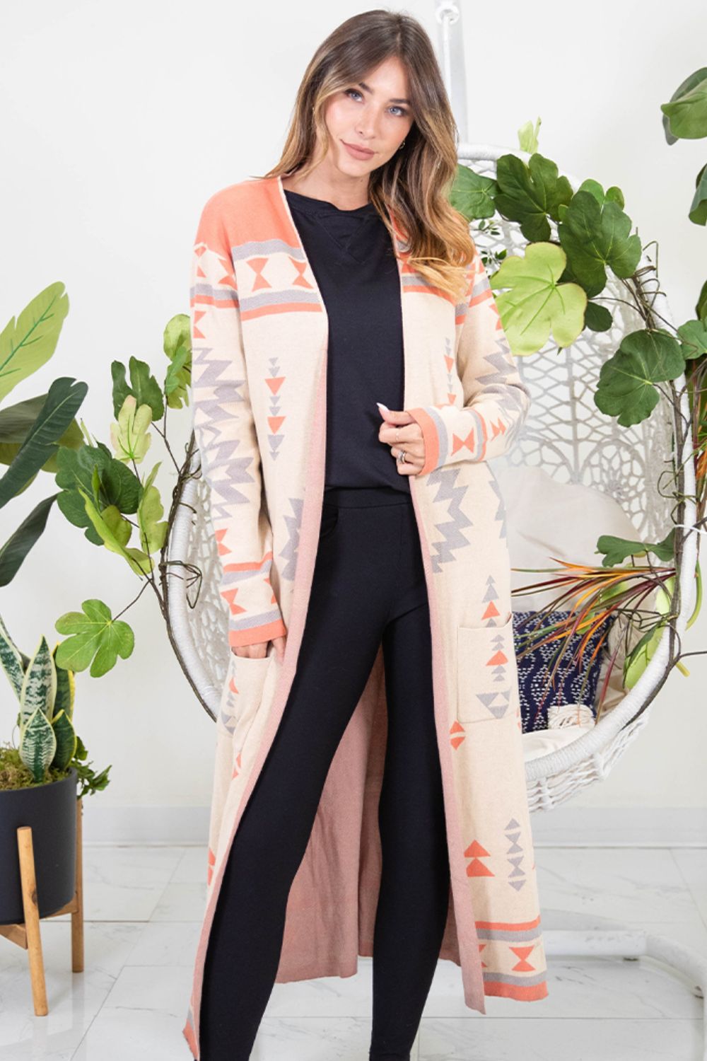 Esther | Sew In Love Long Sleeve Open Front Geometric Longline Cardigan