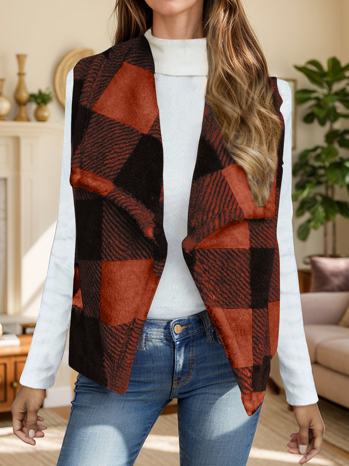 Yolanda | Checked vest coat with an open front