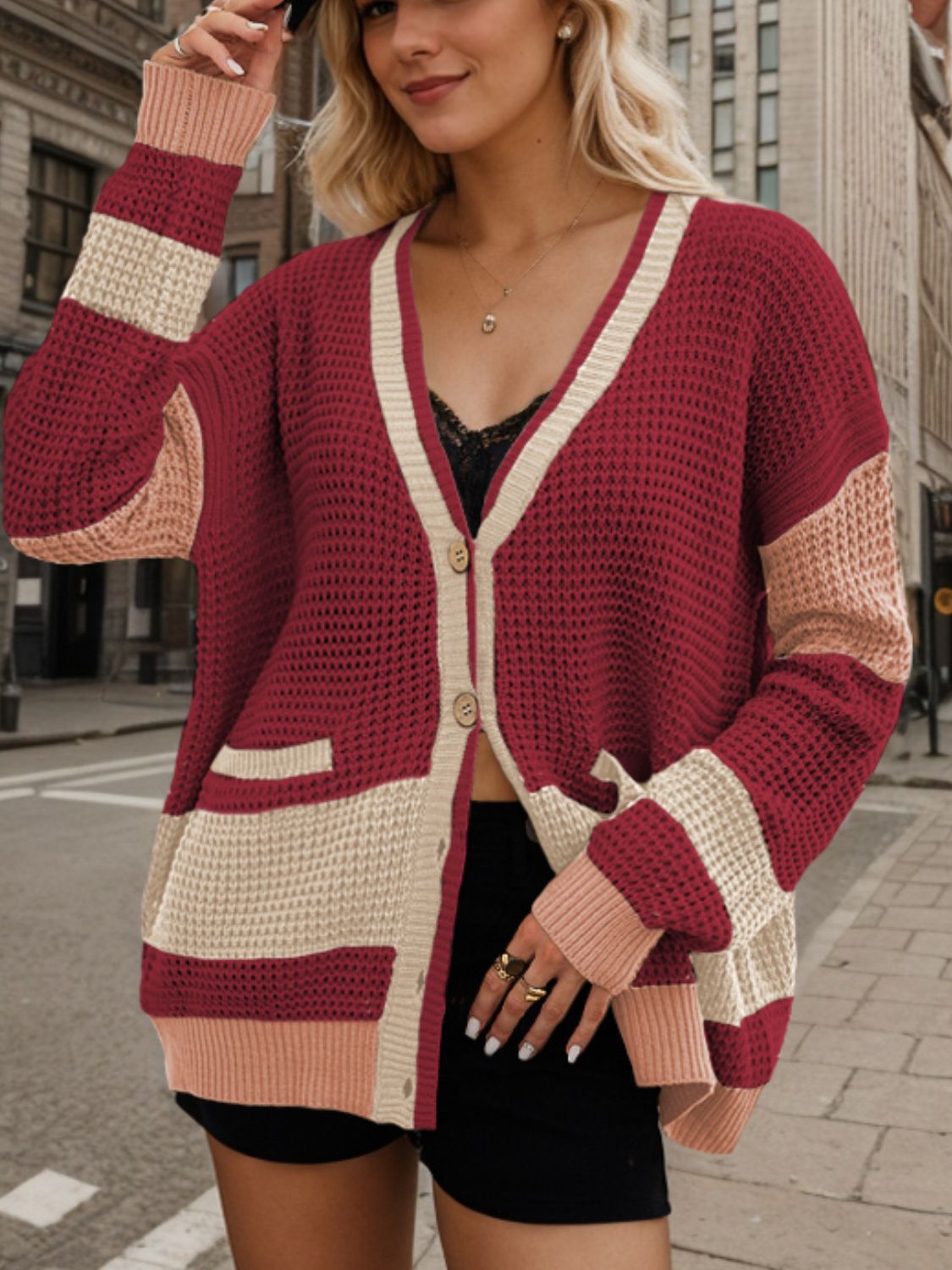 Nina | Contrast color long sleeve cardigan with buttons