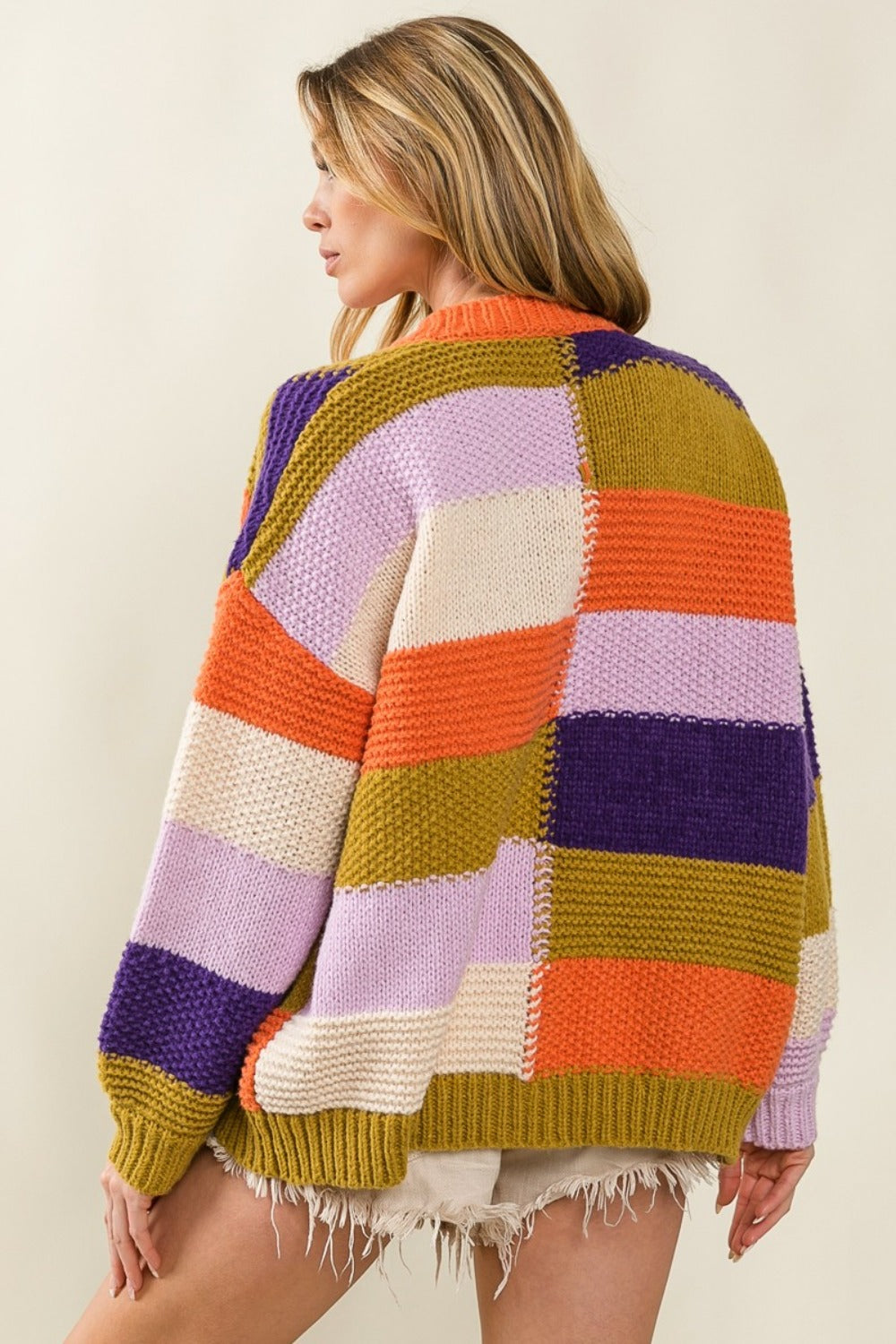 Pink | Checked color block sweater cardigan
