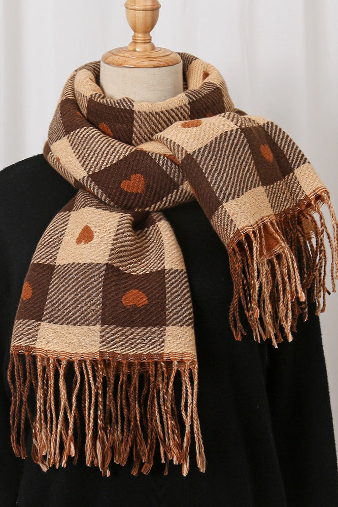 Faux Cashmere Double-Sided Heart Plaid Fringed Scarf