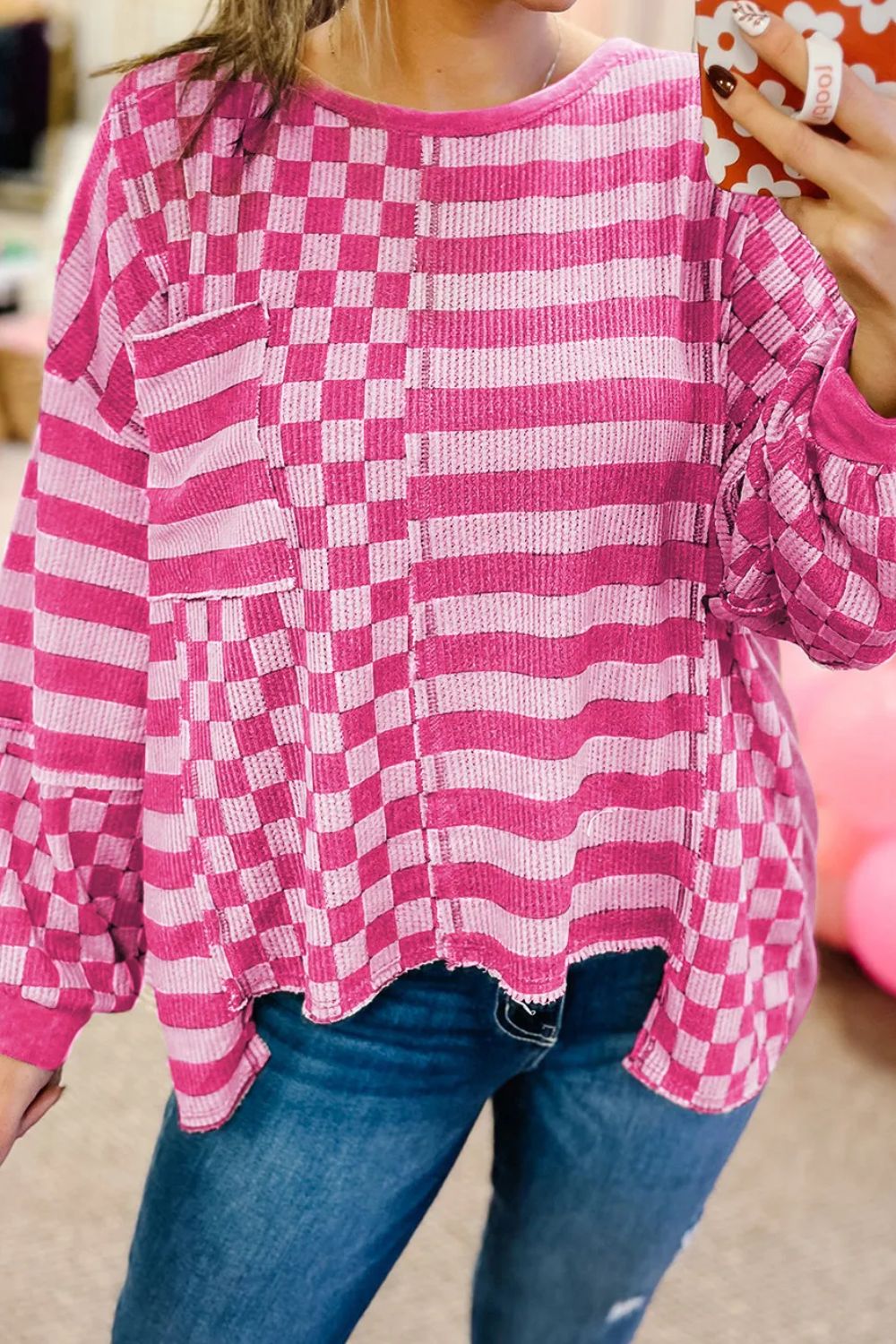 Hannah | Checked and striped long-sleeved blouse with a round neckline