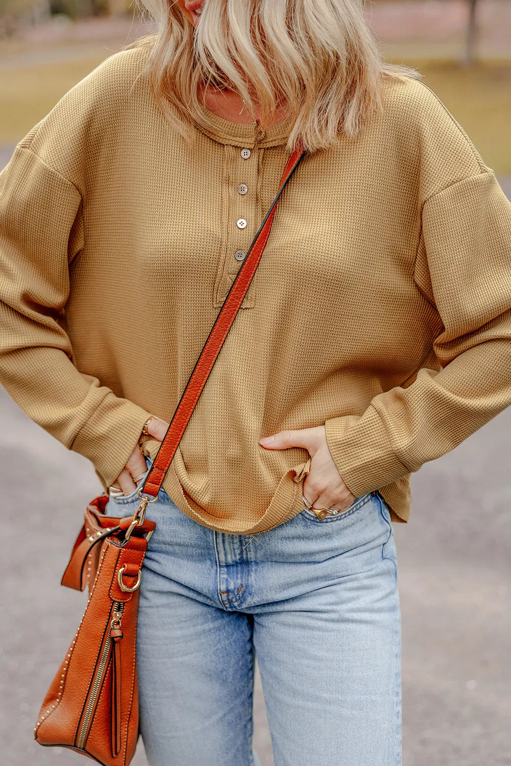 Jutta | Half button waffle knit crew neck top