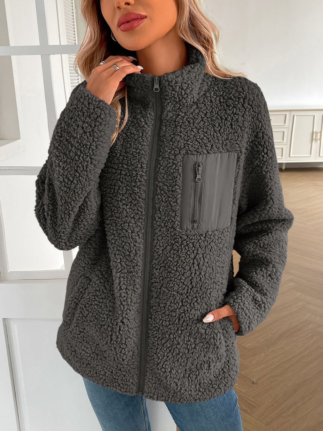 Camila | Ivy Lane fluffy jacket with long sleeves and zip