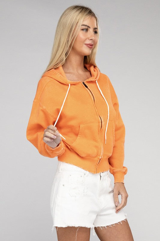 Fabiana | Cropped acid wash fleece zip-up hoodie