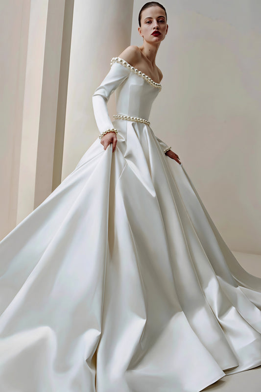 Vintage Satin Pearl Long Sleeve Off Shoulder Wedding Dress